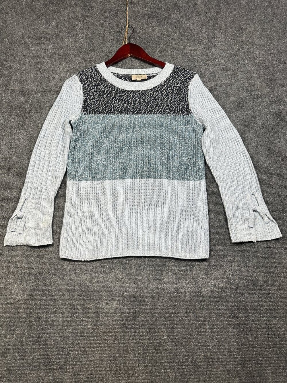 Ann Taylor LOFT Sweater Women XS Blue Stripe Ribbed Knit Cotton Blend  Bow Cuff